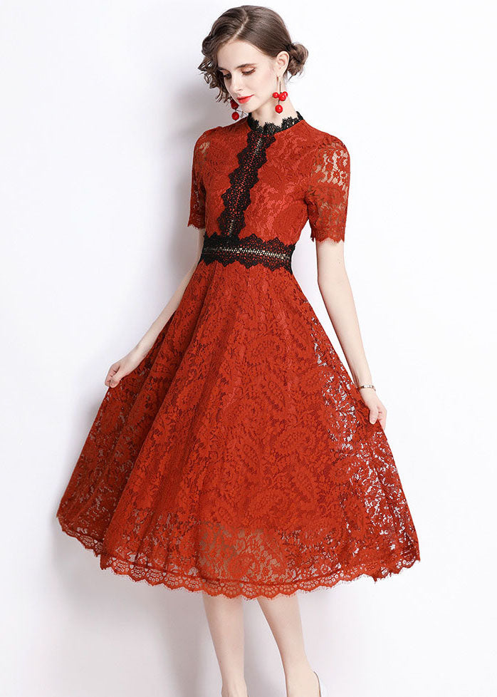 Slim Fit Red Embroideried Hollow Out Patchwork Lace Dress Summer LY7433 - fabuloryshop
