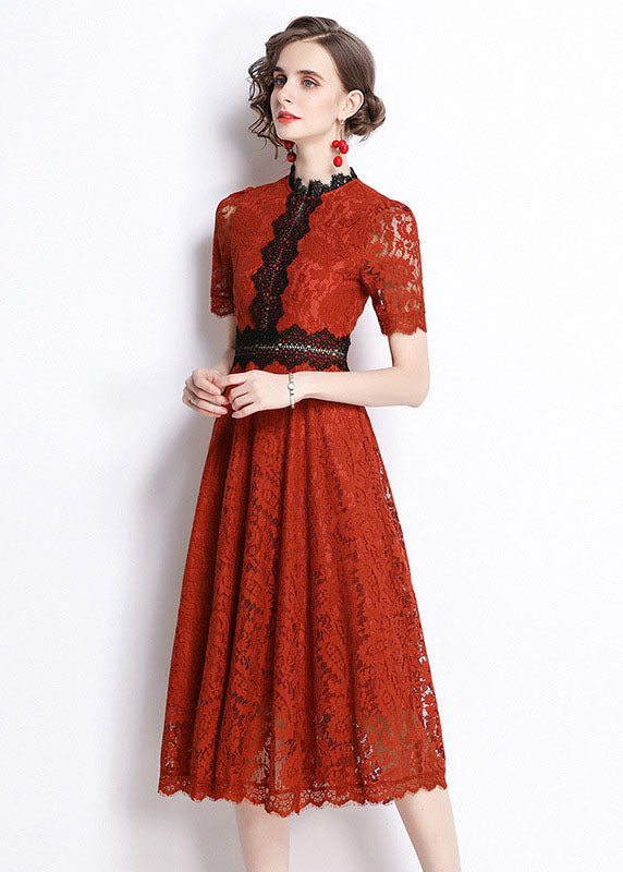 Slim Fit Red Embroideried Hollow Out Patchwork Lace Dress Summer LY7433 - fabuloryshop