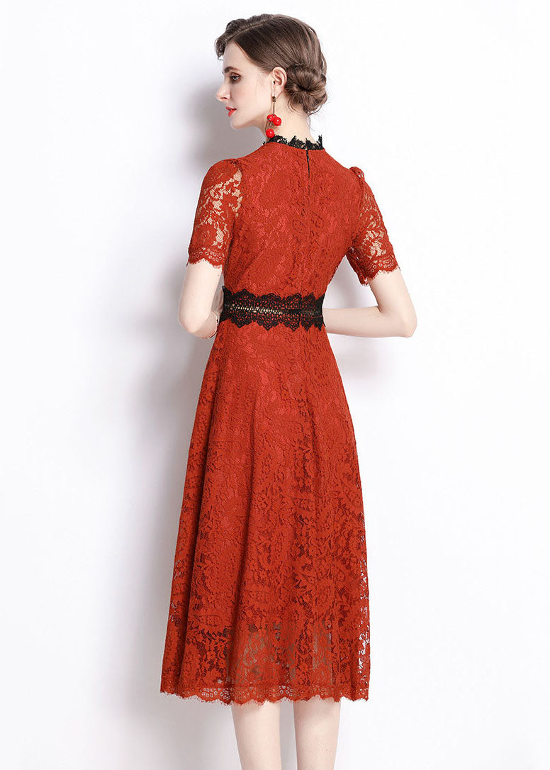 Slim Fit Red Embroideried Hollow Out Patchwork Lace Dress Summer LY7433 - fabuloryshop