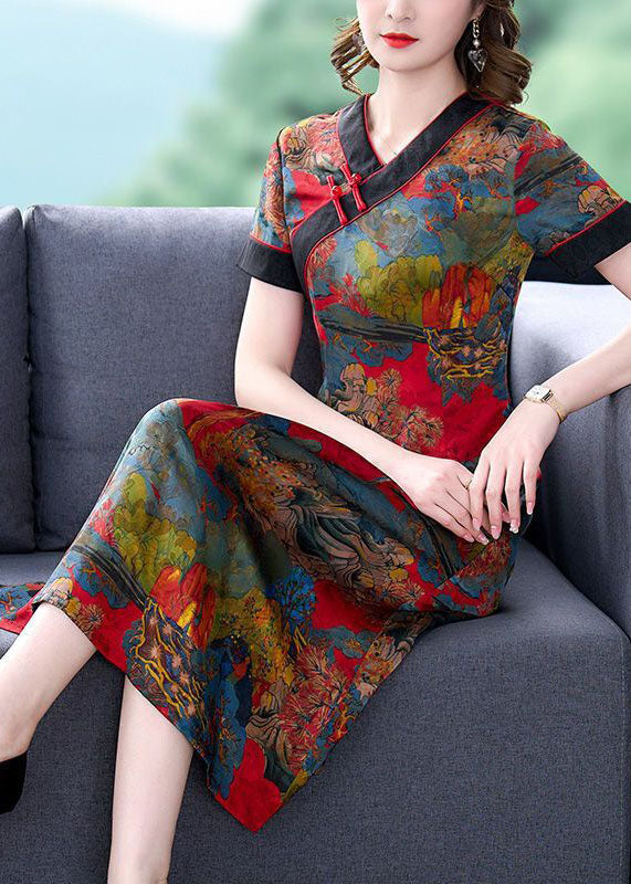 Slim Fit Red V Neck Print Chinese Button Silk Dresses Summer LY1687 - fabuloryshop