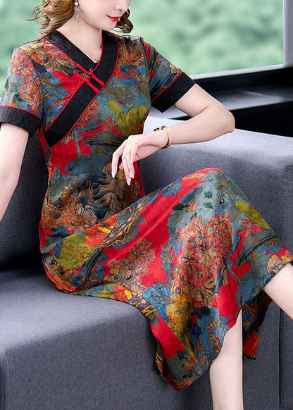 Slim Fit Red V Neck Print Chinese Button Silk Dresses Summer LY1687 - fabuloryshop