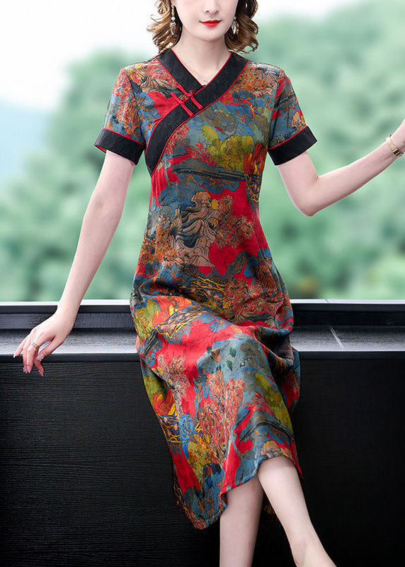 Slim Fit Red V Neck Print Chinese Button Silk Dresses Summer LY1687 - fabuloryshop