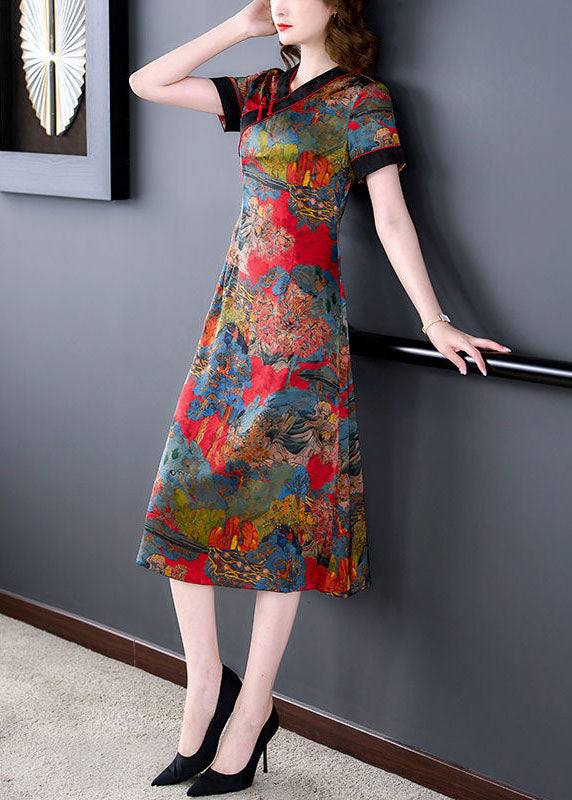 Slim Fit Red V Neck Print Chinese Button Silk Dresses Summer LY1687 - fabuloryshop