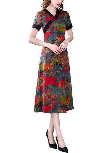 Slim Fit Red V Neck Print Chinese Button Silk Dresses Summer LY1687 - fabuloryshop