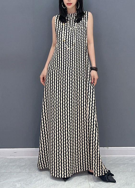 Slim Fit Stand Collar Striped Tie Waist Maxi Dress Summer LC0314 - fabuloryshop