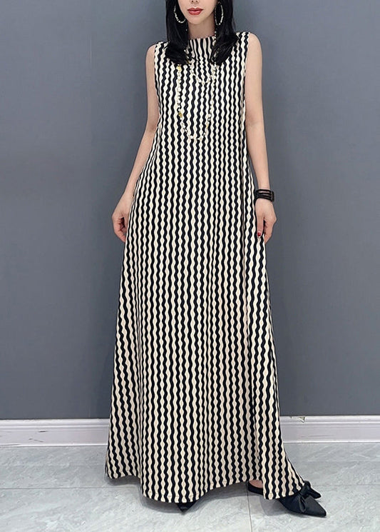 Slim Fit Stand Collar Striped Tie Waist Maxi Dress Summer LC0314 - fabuloryshop