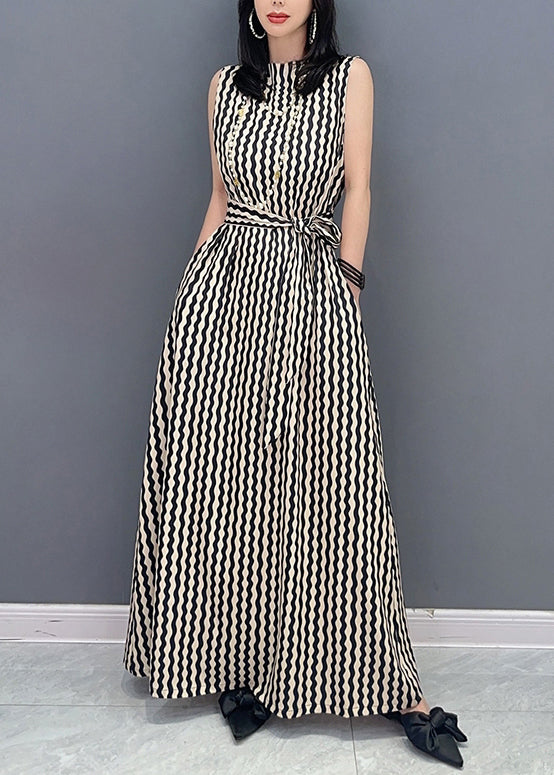 Slim Fit Stand Collar Striped Tie Waist Maxi Dress Summer LC0314 - fabuloryshop