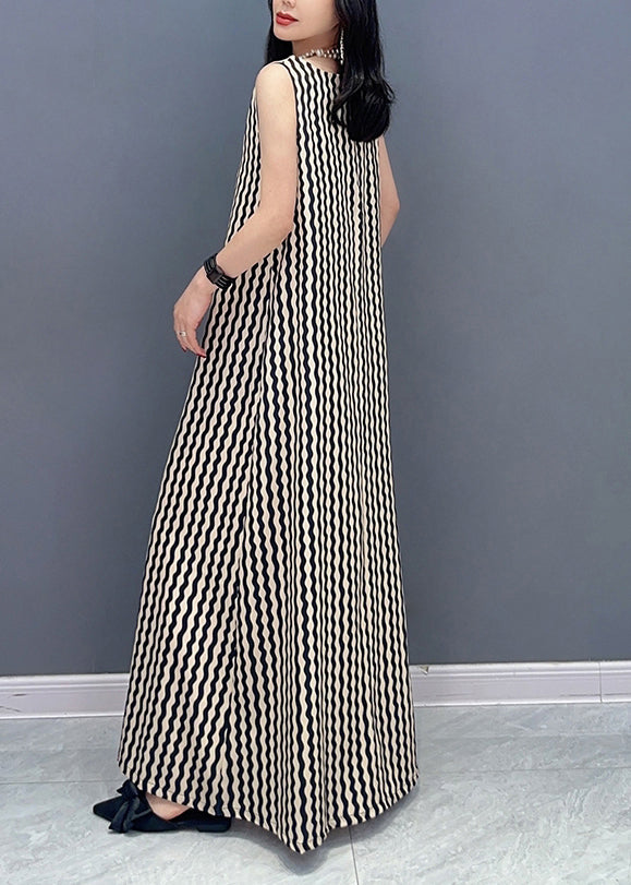 Slim Fit Stand Collar Striped Tie Waist Maxi Dress Summer LC0314 - fabuloryshop