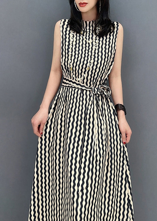 Slim Fit Stand Collar Striped Tie Waist Maxi Dress Summer LC0314 - fabuloryshop