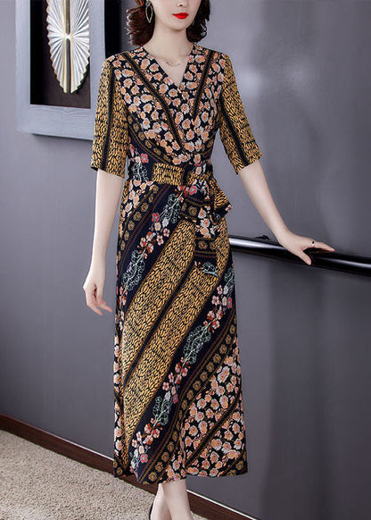 Slim Fit V Neck Cinched Print Chiffon Long Dress Summer LY1695 - fabuloryshop