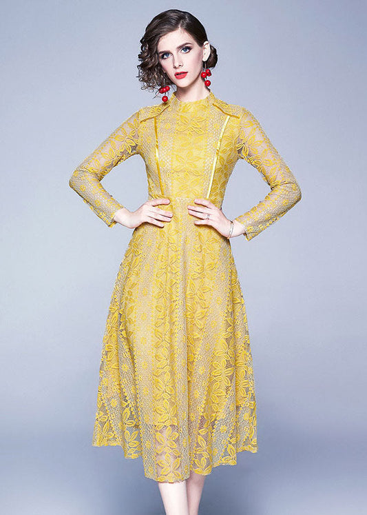 Slim Fit Yellow Stand Collar Hollow Out Patchwork Lace Long Dresses Fall Ada Fashion