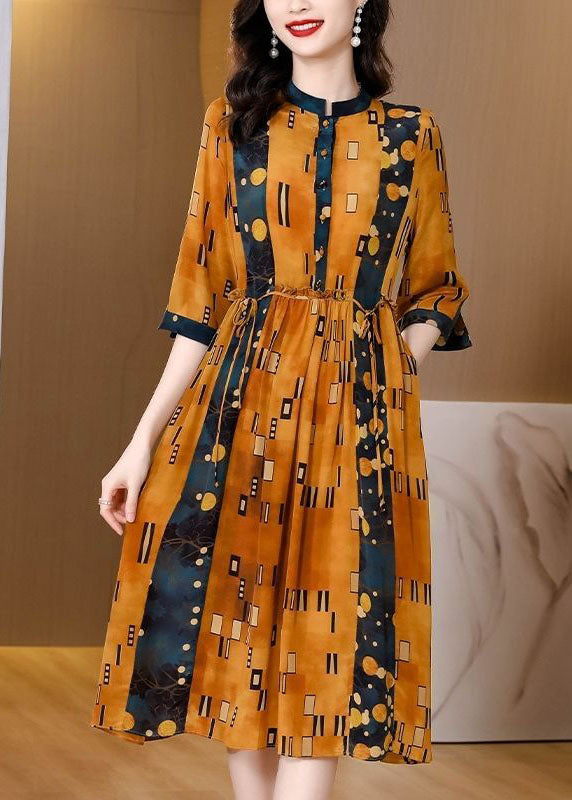 Slim Fit Yellow Stand Collar Print Silk Cinched Dress Half Sleeve TH1024 - fabuloryshop