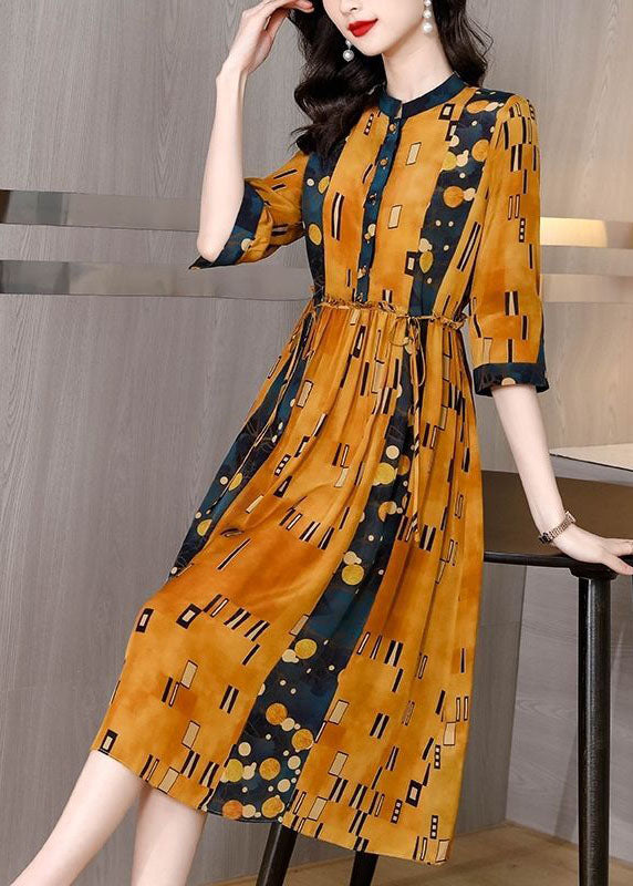 Slim Fit Yellow Stand Collar Print Silk Cinched Dress Half Sleeve TH1024 - fabuloryshop