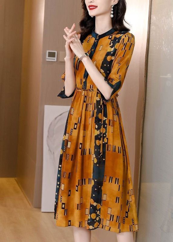 Slim Fit Yellow Stand Collar Print Silk Cinched Dress Half Sleeve TH1024 - fabuloryshop