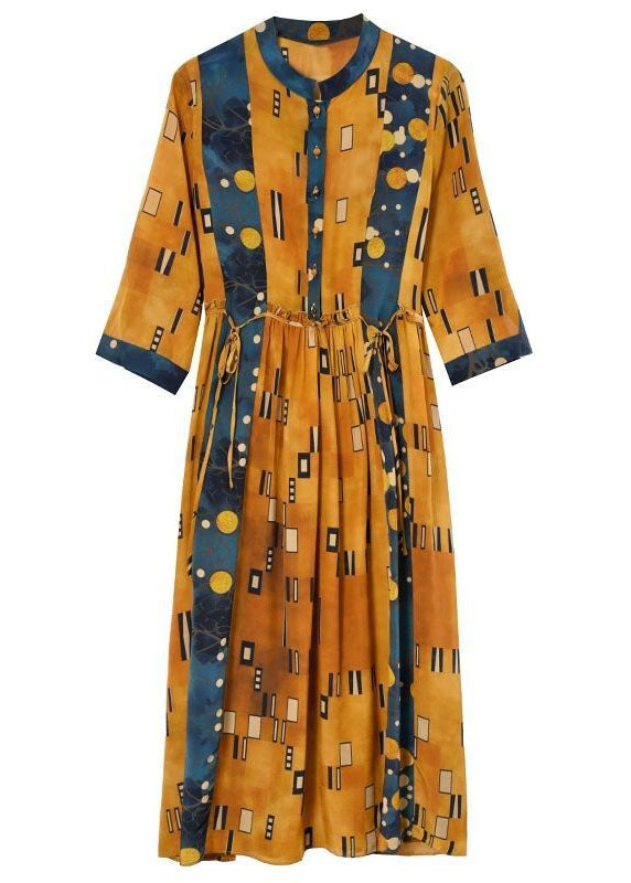 Slim Fit Yellow Stand Collar Print Silk Cinched Dress Half Sleeve TH1024 - fabuloryshop