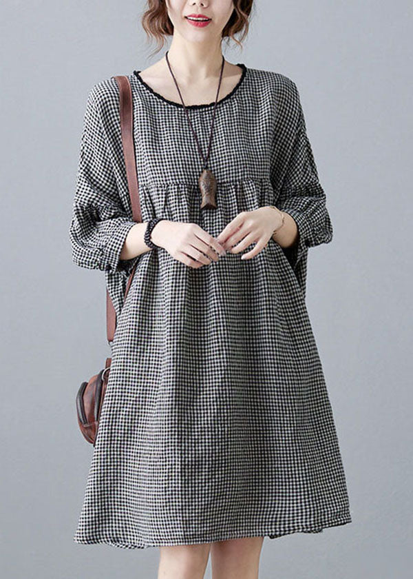 Small Plaid Patchwork Linen Mid Dress O Neck Wrinkled Summer LY5682 - fabuloryshop