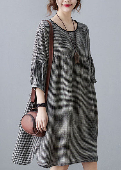 Small Plaid Patchwork Linen Mid Dress O Neck Wrinkled Summer LY5682 - fabuloryshop