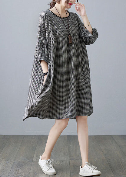 Small Plaid Patchwork Linen Mid Dress O Neck Wrinkled Summer LY5682 - fabuloryshop