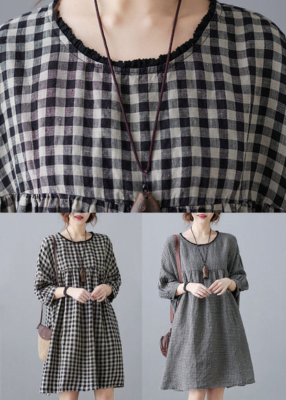 Small Plaid Patchwork Linen Mid Dress O Neck Wrinkled Summer LY5682 - fabuloryshop