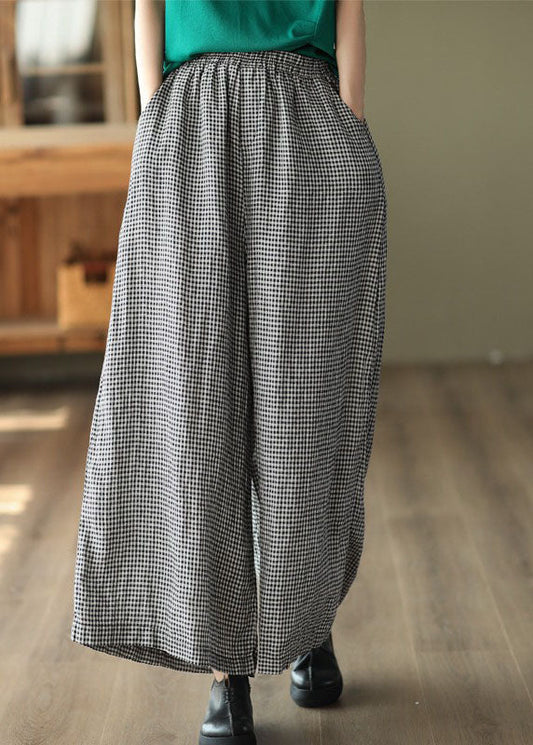 Small Plaid Pockets Patchwork Casual Linen Wide Leg Pants Summer LY5105 - fabuloryshop