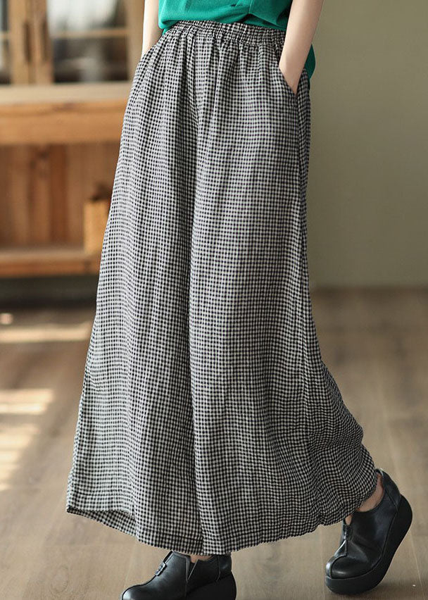 Small Plaid Pockets Patchwork Casual Linen Wide Leg Pants Summer LY5105 - fabuloryshop