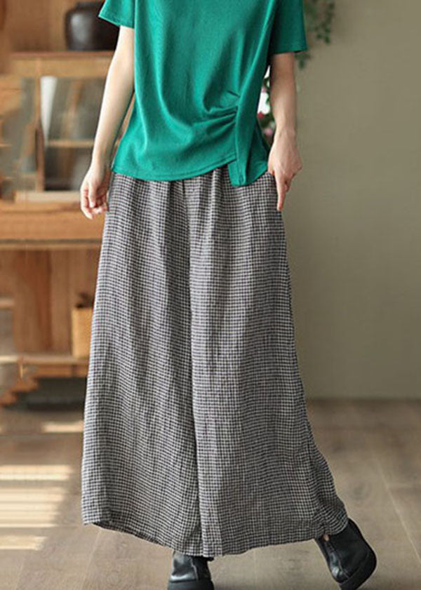 Small Plaid Pockets Patchwork Casual Linen Wide Leg Pants Summer LY5105 - fabuloryshop