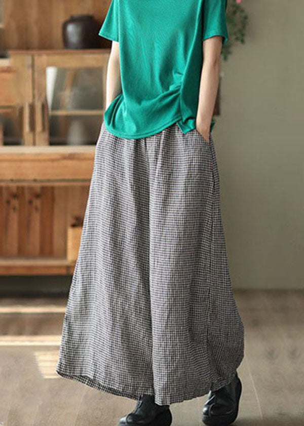 Small Plaid Pockets Patchwork Casual Linen Wide Leg Pants Summer LY5105 - fabuloryshop