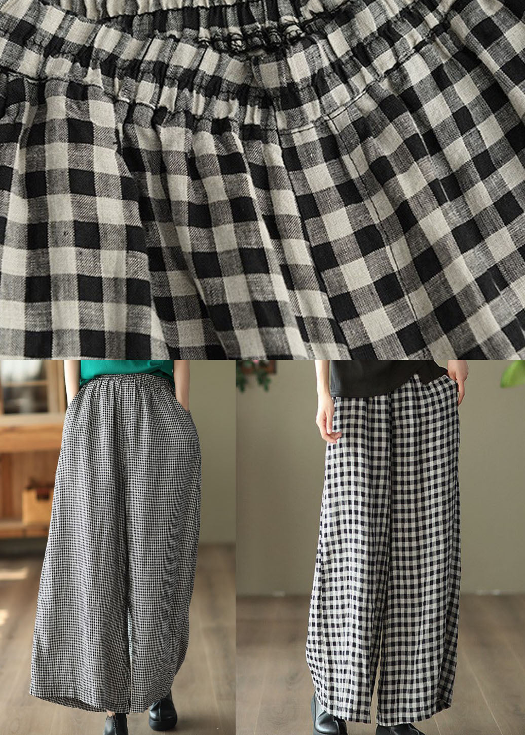 Small Plaid Pockets Patchwork Casual Linen Wide Leg Pants Summer LY5105 - fabuloryshop