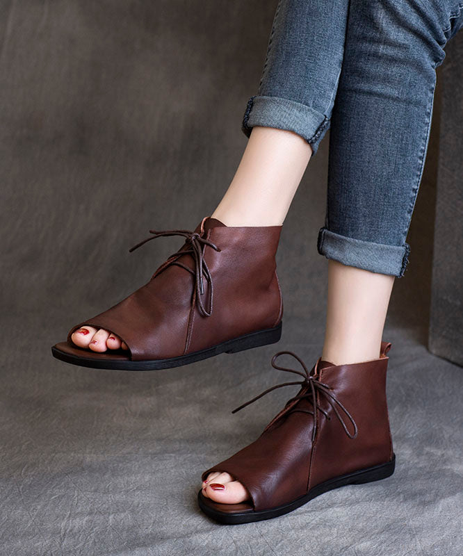 Soft Brown Flat Sandals Boots Cowhide Leather Peep Toe Splicing Lace Up LY7690