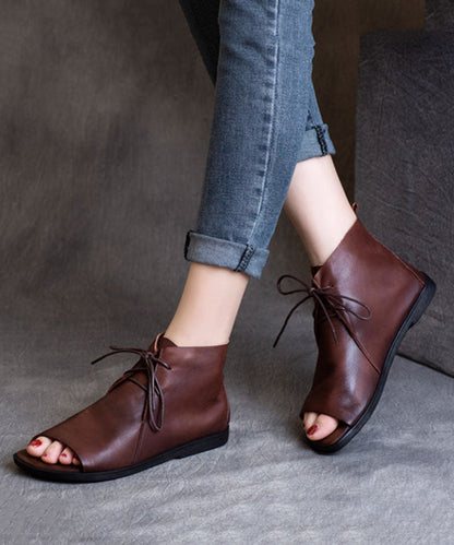 Soft Brown Flat Sandals Boots Cowhide Leather Peep Toe Splicing Lace Up LY7690