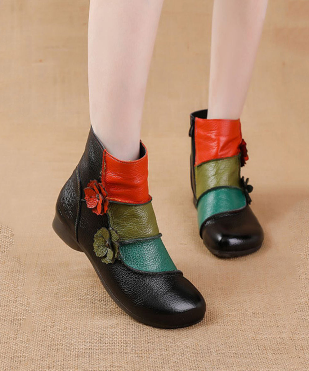 Soft Cowhide Leather Boots Boho Black Splicing Floral Ada Fashion
