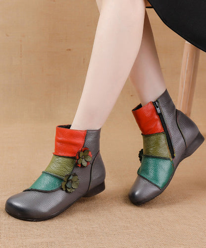 Soft Cowhide Leather Boots Boho Black Splicing Floral Ada Fashion