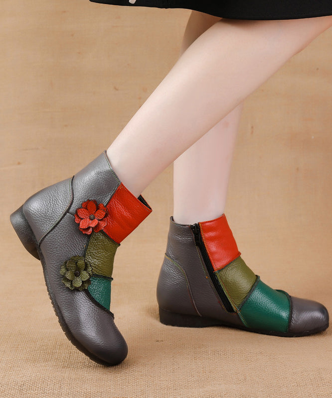 Soft Cowhide Leather Boots Boho Black Splicing Floral Ada Fashion