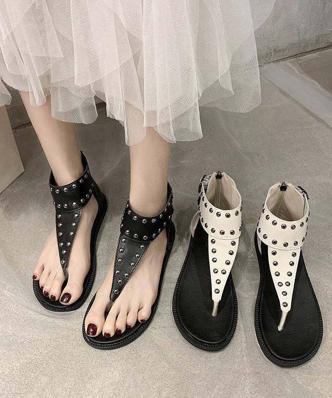 Soft Genuine Leather Sandals Black Rivet Flip Flops Sandals LY4381 - fabuloryshop