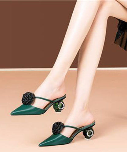 Soft Pointed Toe Chunky Green Floral Satin Upper Slide Sandals LC0167 - fabuloryshop