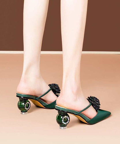 Soft Pointed Toe Chunky Green Floral Satin Upper Slide Sandals LC0167 - fabuloryshop