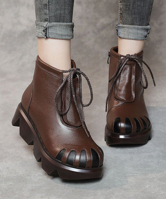 Soft Splicing Lace Up Platform Boots Dark Brown Cowhide Leather Ada Fashion