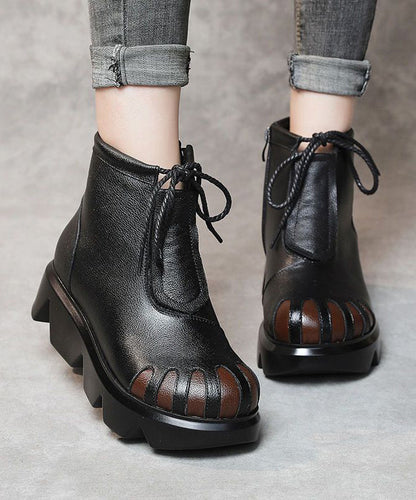 Soft Splicing Lace Up Platform Boots Dark Brown Cowhide Leather Ada Fashion