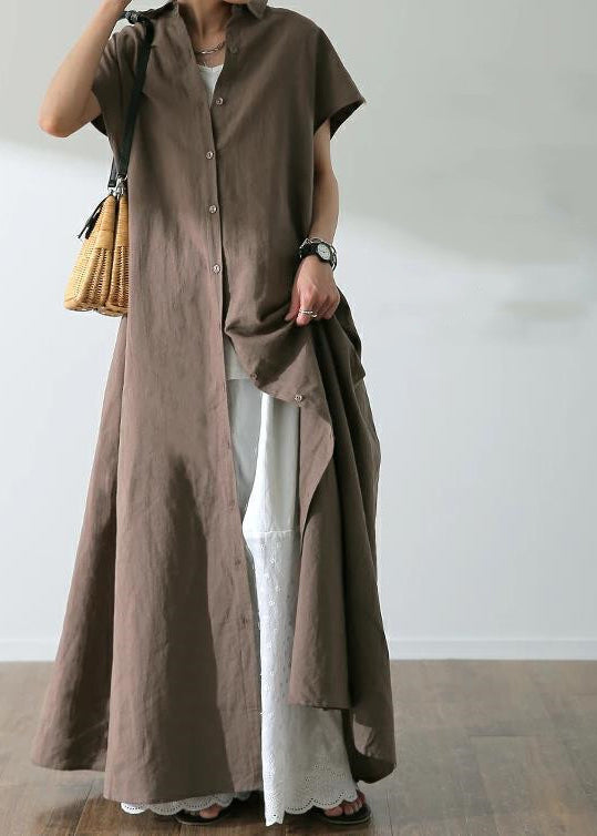 Solid Button Lapel Ruched Short Sleeve Maxi Shirt Dress Coffee LC0021 - fabuloryshop