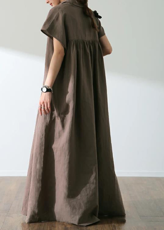 Solid Button Lapel Ruched Short Sleeve Maxi Shirt Dress Coffee LC0021 - fabuloryshop