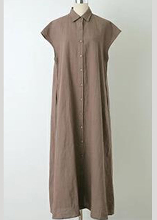 Solid Button Lapel Ruched Short Sleeve Maxi Shirt Dress Coffee LC0021 - fabuloryshop