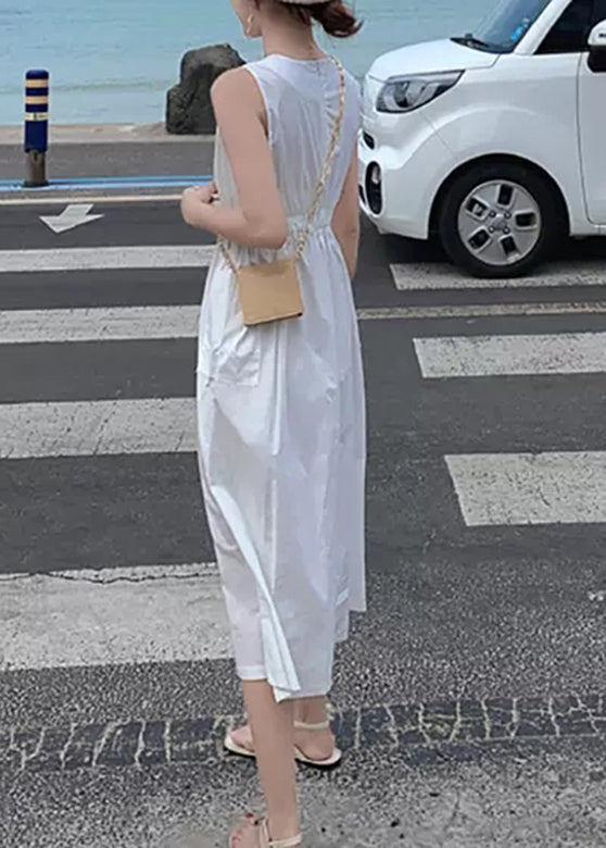 Solid Button Pocket Drawstring Show Waist Sleeveless Maxi Dress LC0034 - fabuloryshop