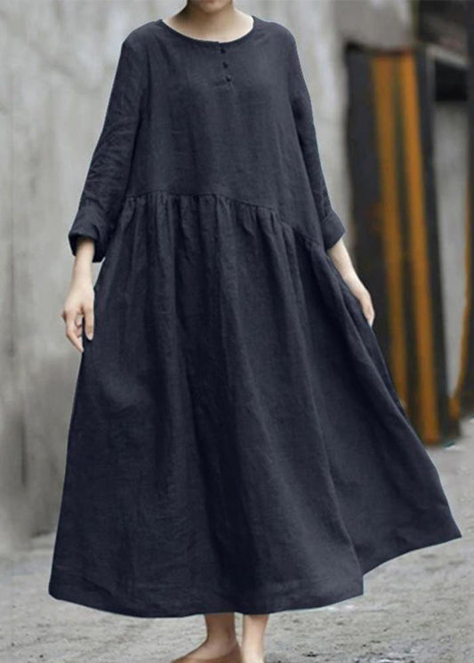 Solid Color Black Cotton Linen Long Sleeve Swing Long Dress LC0008 - fabuloryshop