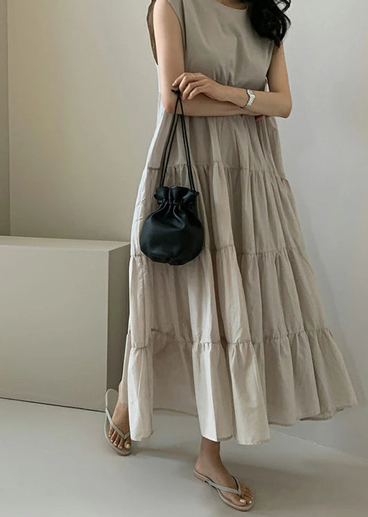 Solid Color Sleeveless V-neck Pleated Layered Lace Up Daily Casual Maxi Dress Apricot LC0016 - fabuloryshop