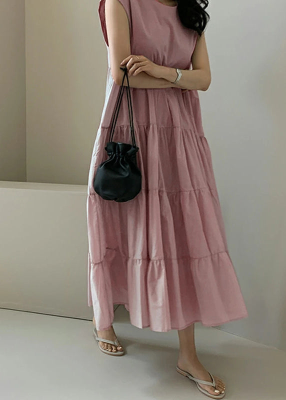 Solid Color Sleeveless V-neck Pleated Layered Lace Up Daily Casual Maxi Dress Apricot LC0016