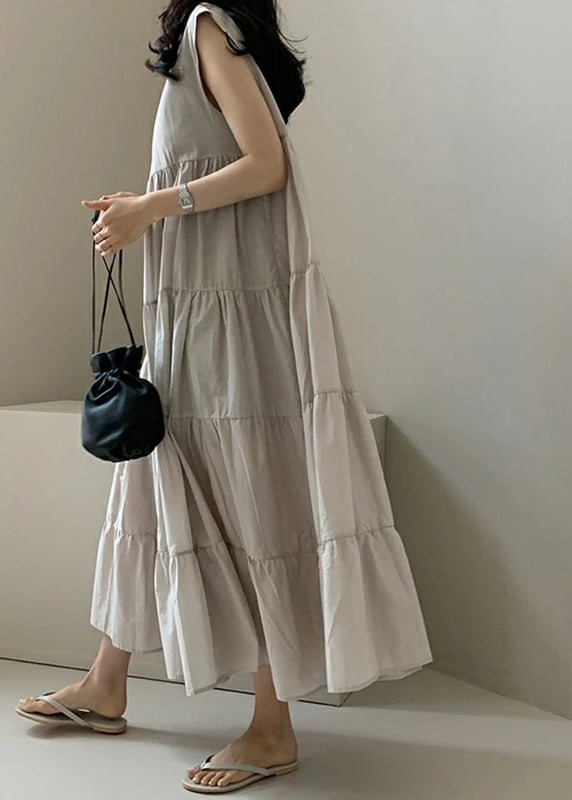 Solid Color Sleeveless V-neck Pleated Layered Lace Up Daily Casual Maxi Dress Apricot LC0016