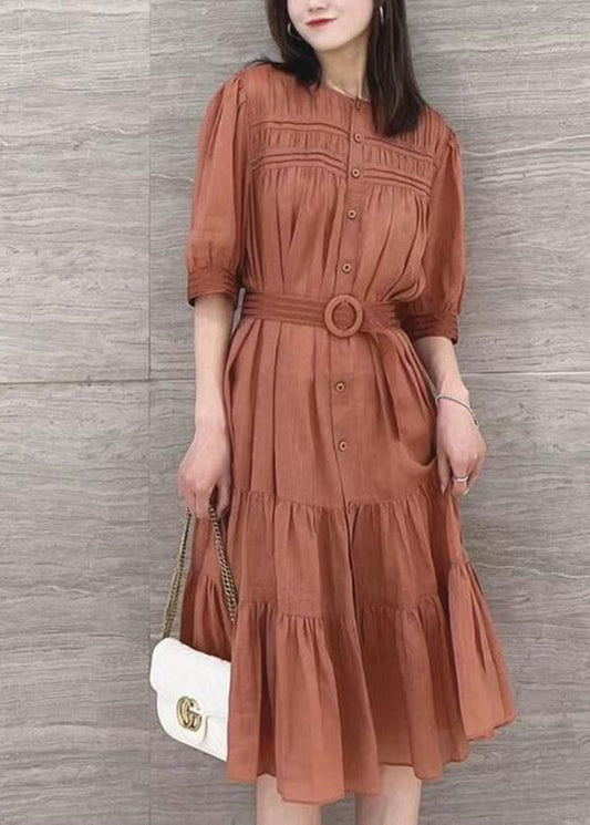 Solid Color Stand Collar Puff Sleeve Belted Pleated Shirt Maxi Dress Orange LC0026 - fabuloryshop