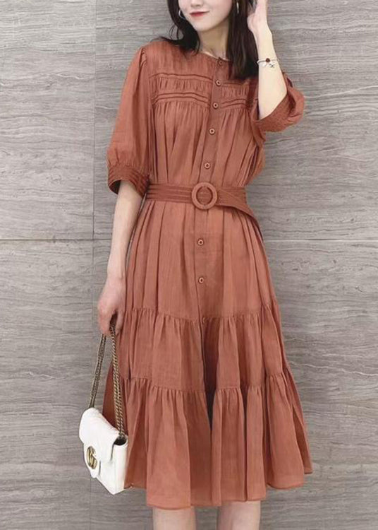 Solid Color Stand Collar Puff Sleeve Belted Pleated Shirt Maxi Dress Orange LC0026