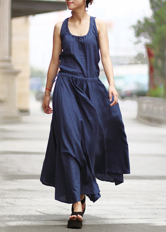 Solid Drawstring Ruched Sleeveless Casual Maxi Dress Navy LC0044 - fabuloryshop