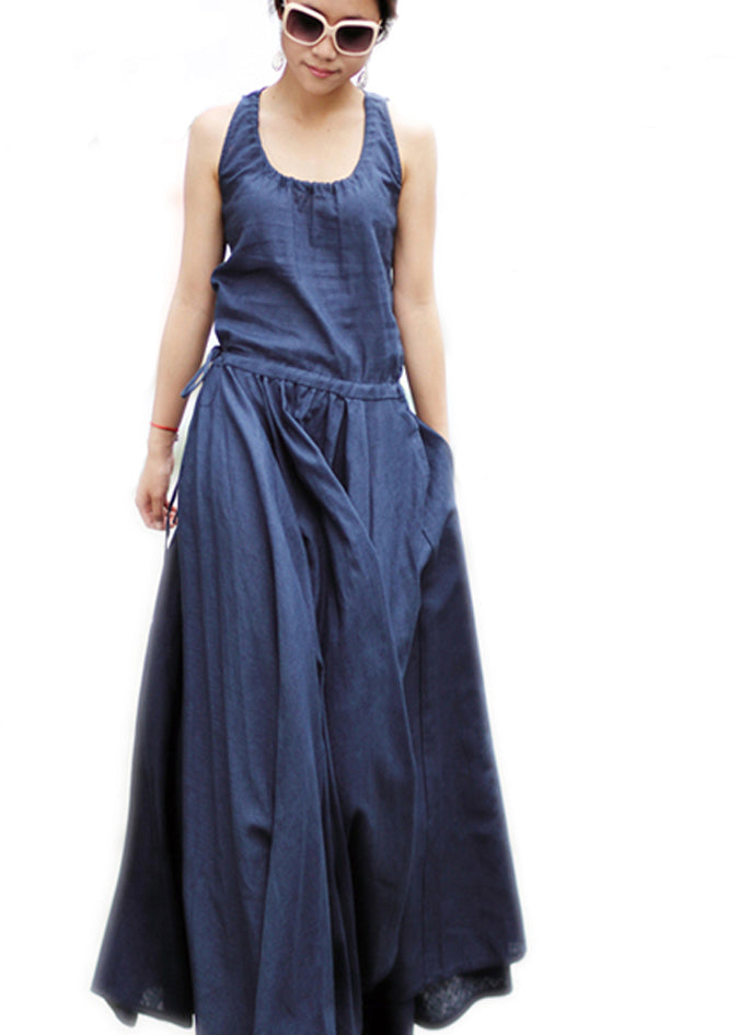 Solid Drawstring Ruched Sleeveless Casual Maxi Dress Navy LC0044 - fabuloryshop